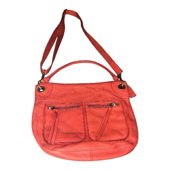 Fossil Orange Red Leather Zipper Front Pocket Crossbody Shoulder Bag Purse - Picture 4 of 7